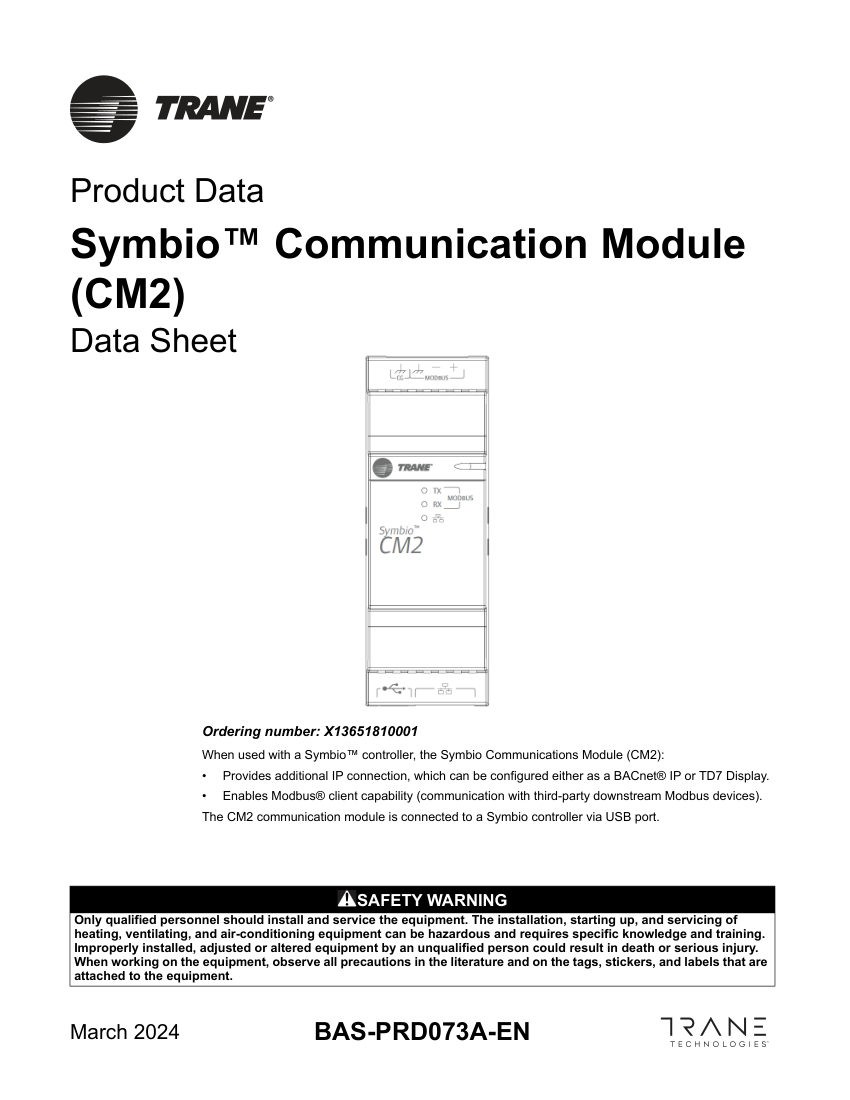 Trane BAS-PRD073A-EN_03222024 cut sheet — first page