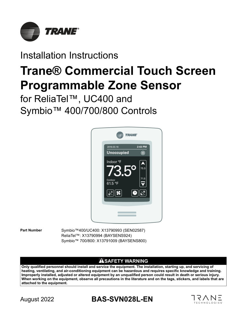 Trane BAS-SVN028L-EN cut sheet — first page