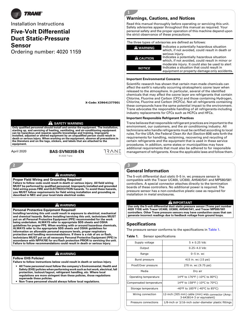 Trane BAS-SVN035B-EN cut sheet — first page