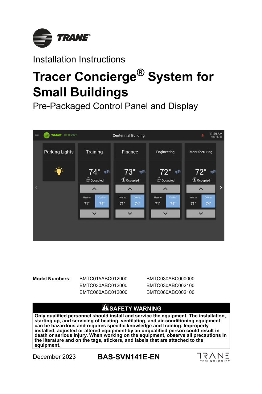 Trane BAS-SVN141E-EN cut sheet — first page