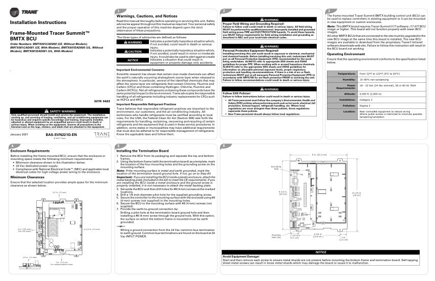 Trane BAS-SVN221G-EN cut sheet — first page