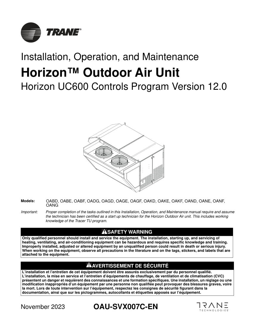 Trane OAU-SVX007C-EN cut sheet — first page