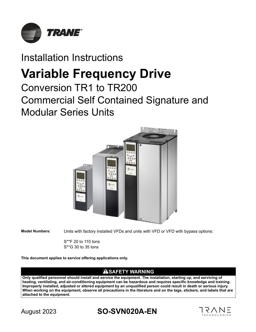 Trane SO-SVN020A-EN cut sheet — first page