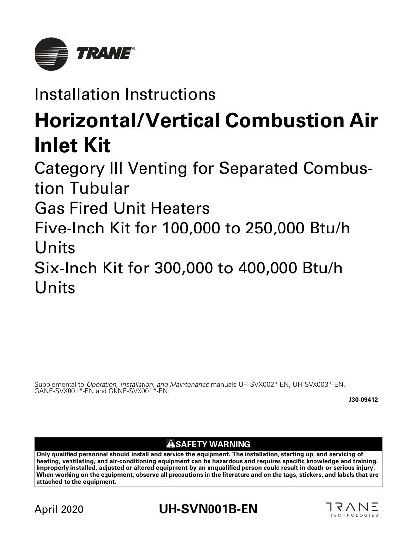 Trane UH-SVN001B-EN cut sheet — first page