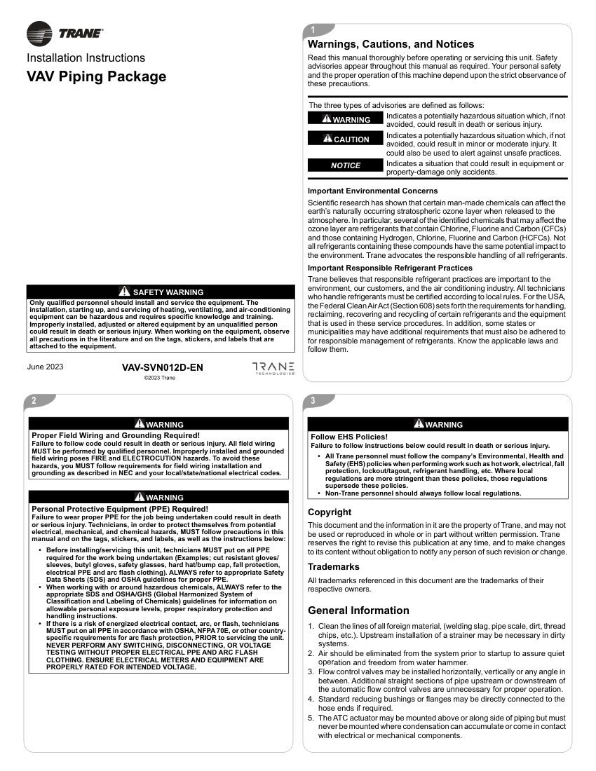 Trane VAV-SVN012D-EN cut sheet — first page