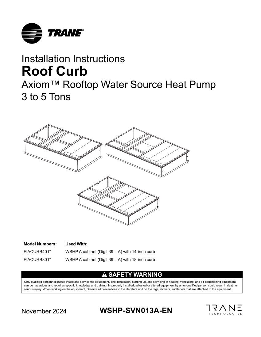 Trane WSHP-SVN013A-EN cut sheet — first page