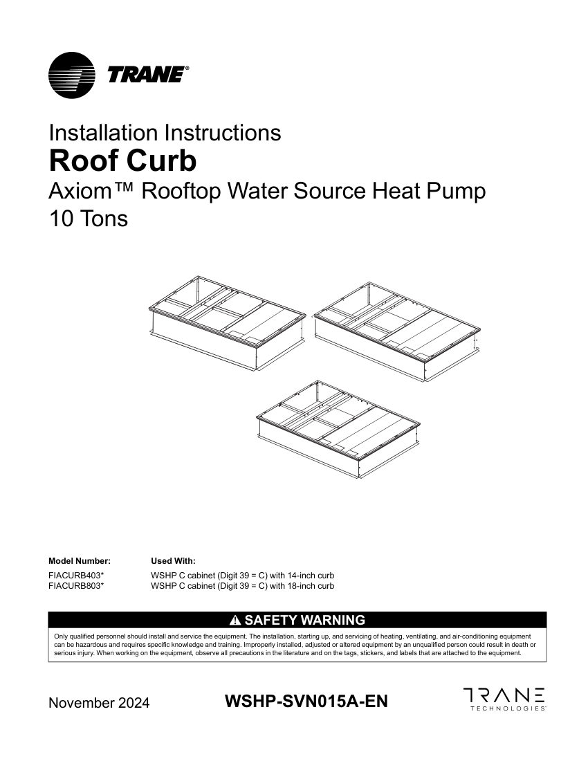 Trane WSHP-SVN015A-EN cut sheet — first page