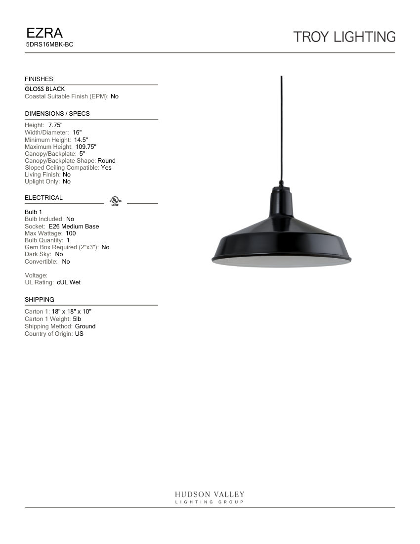 Troy Lighting 5DRS16MBK-BC cut sheet — first page