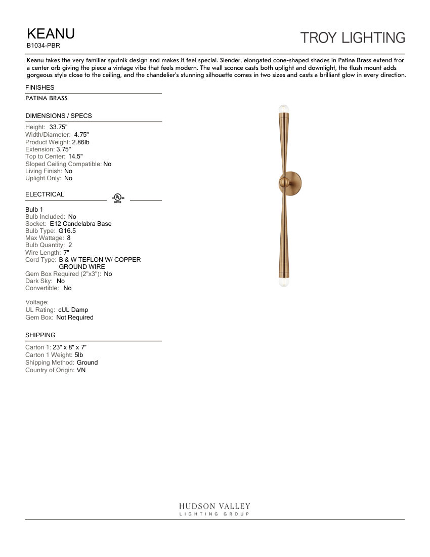 Troy Lighting B1034-PBR cut sheet — first page