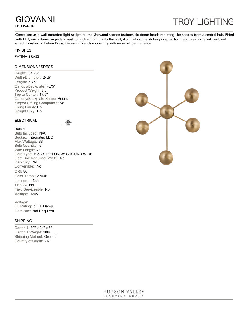 Troy Lighting B1035-PBR cut sheet — first page