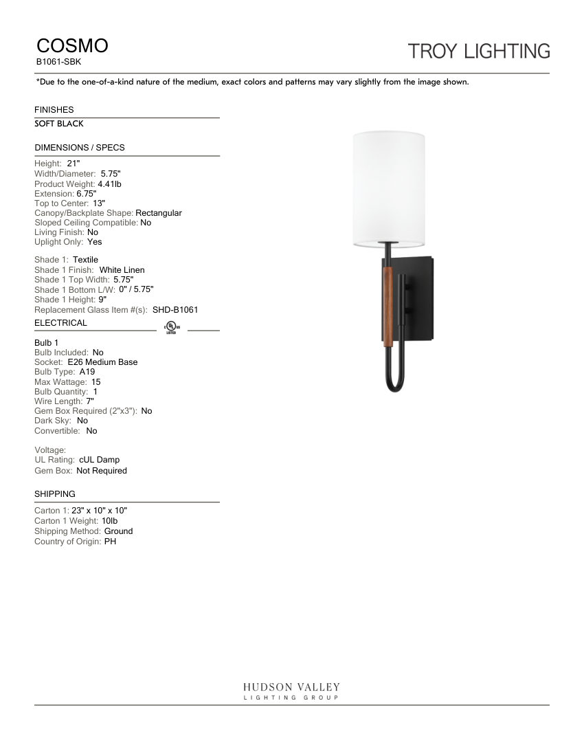 Troy Lighting B1061-SBK cut sheet — first page