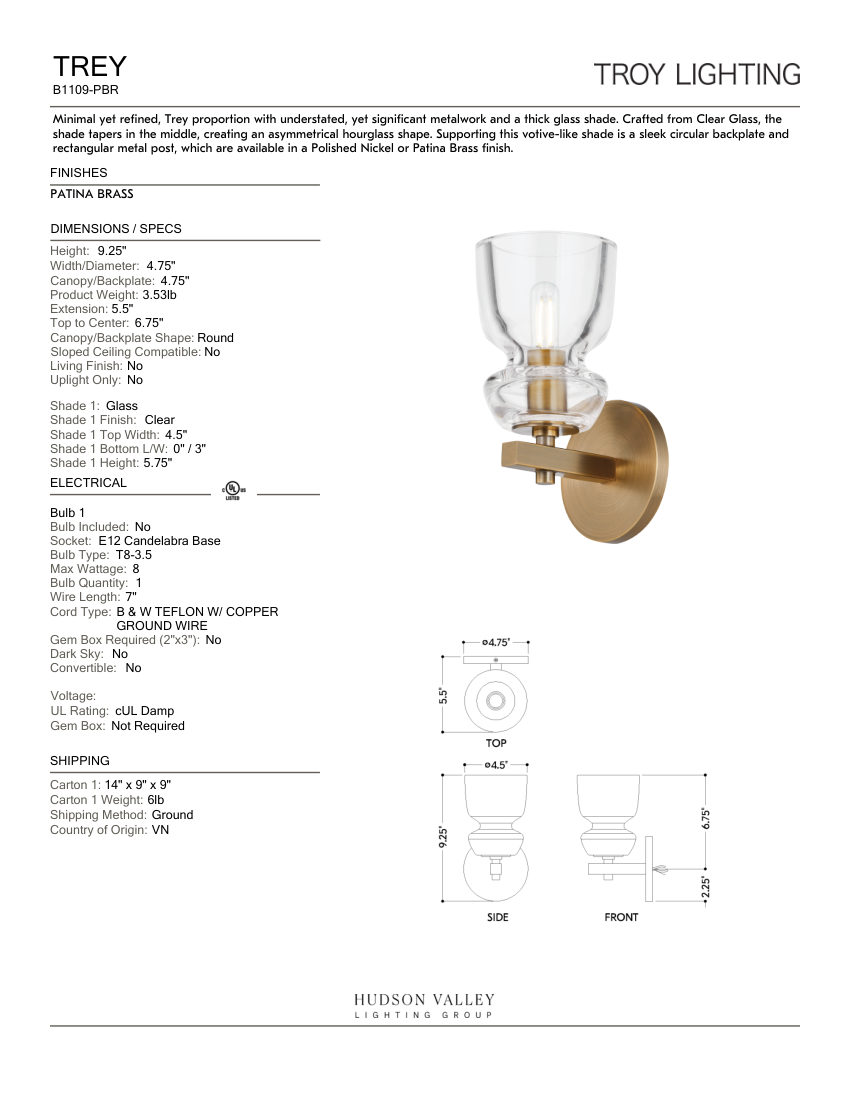 Troy Lighting B1109-PBR cut sheet — first page