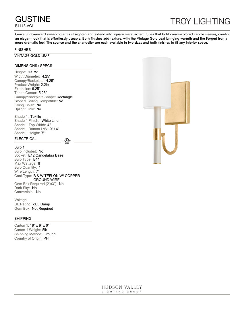 Troy Lighting B1113-VGL cut sheet — first page