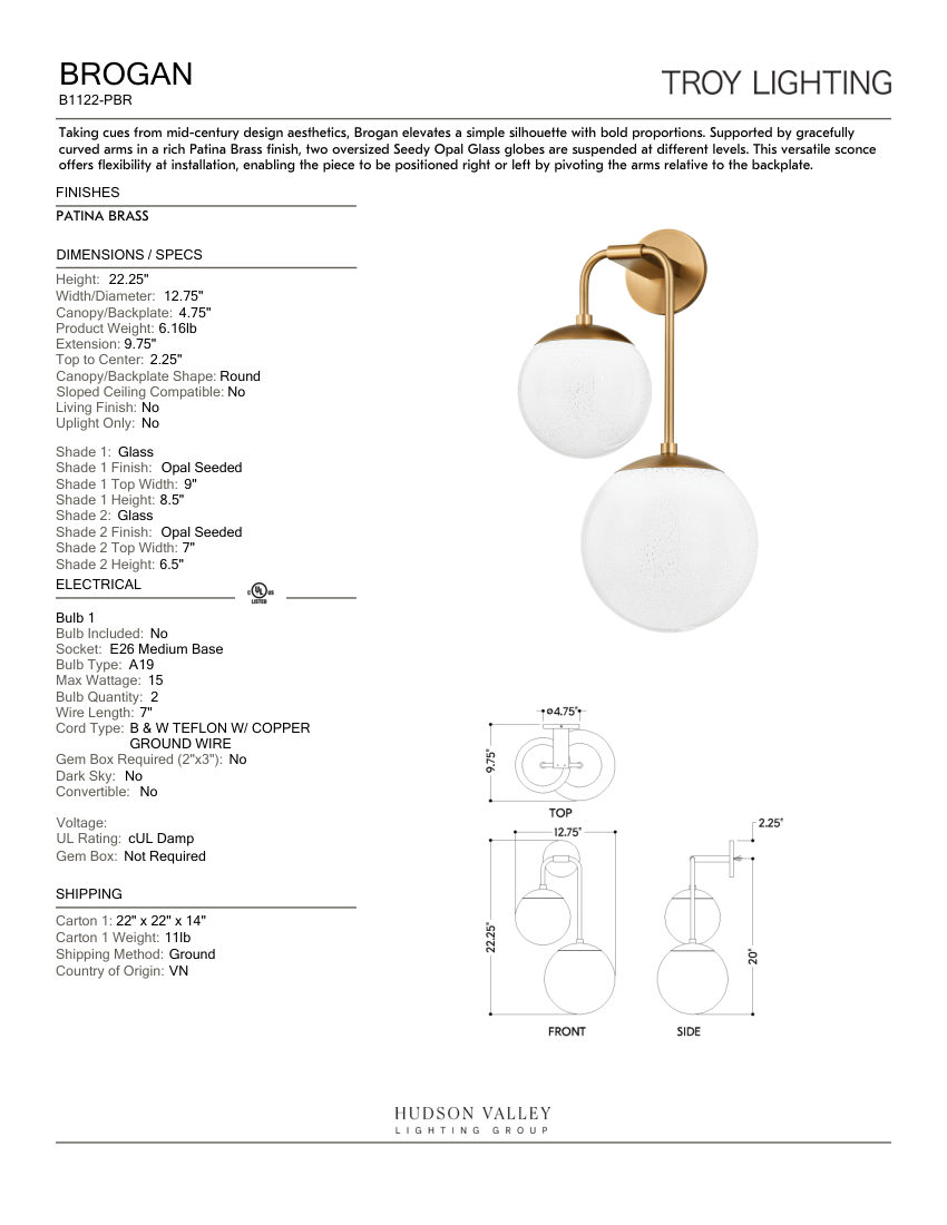Troy Lighting B1122-PBR cut sheet — first page