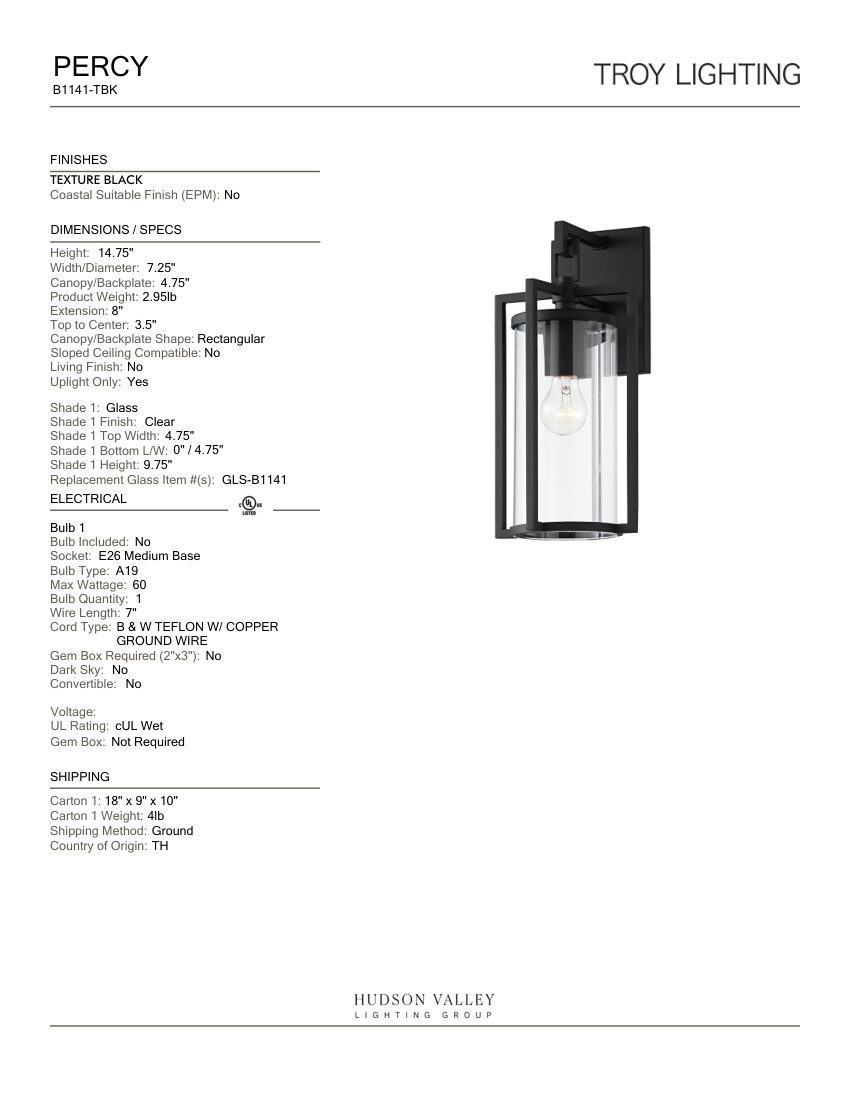 Troy Lighting B1141-TBK cut sheet — first page