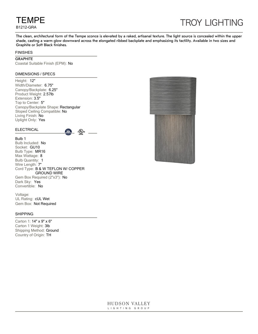 Troy Lighting B1212-GRA cut sheet — first page
