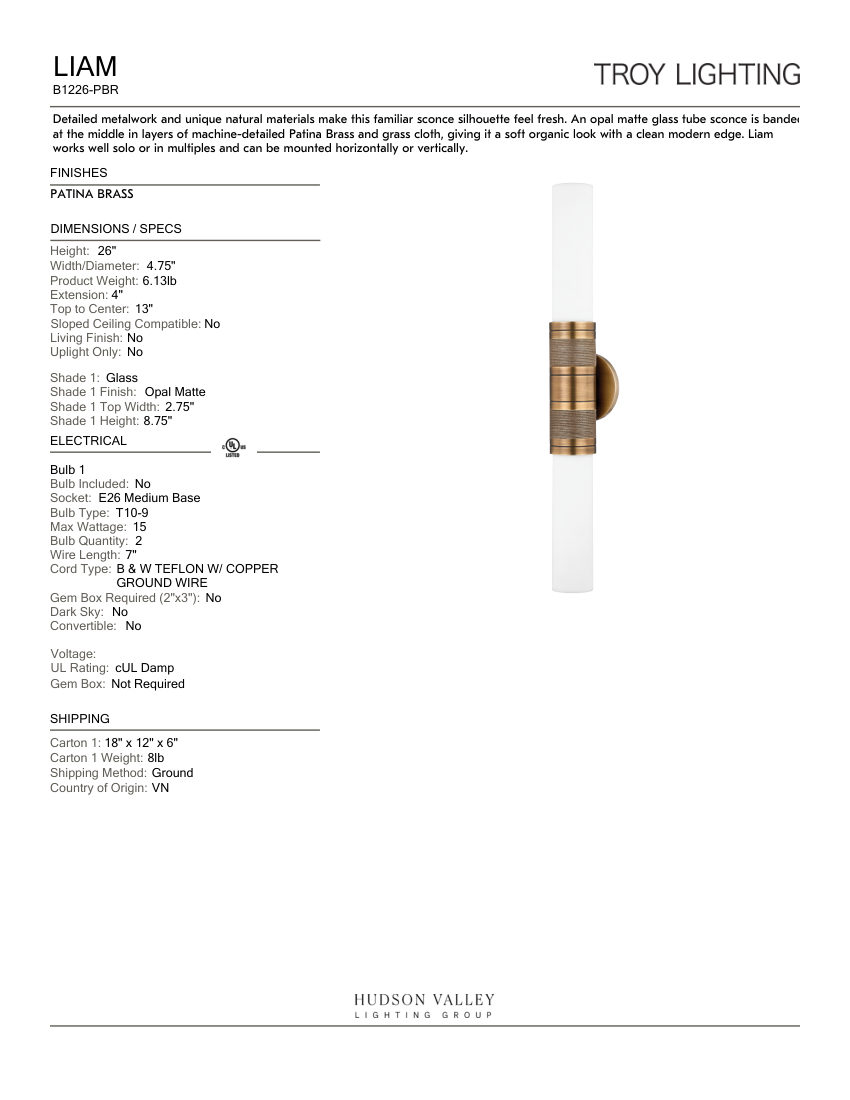 Troy Lighting B1226-PBR cut sheet — first page