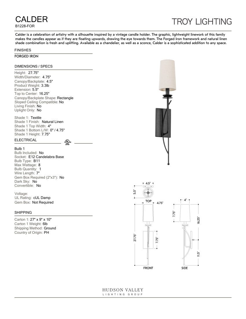 Troy Lighting B1228-FOR cut sheet — first page