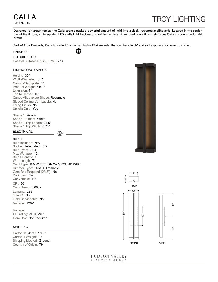 Troy Lighting B1229-TBK cut sheet — first page