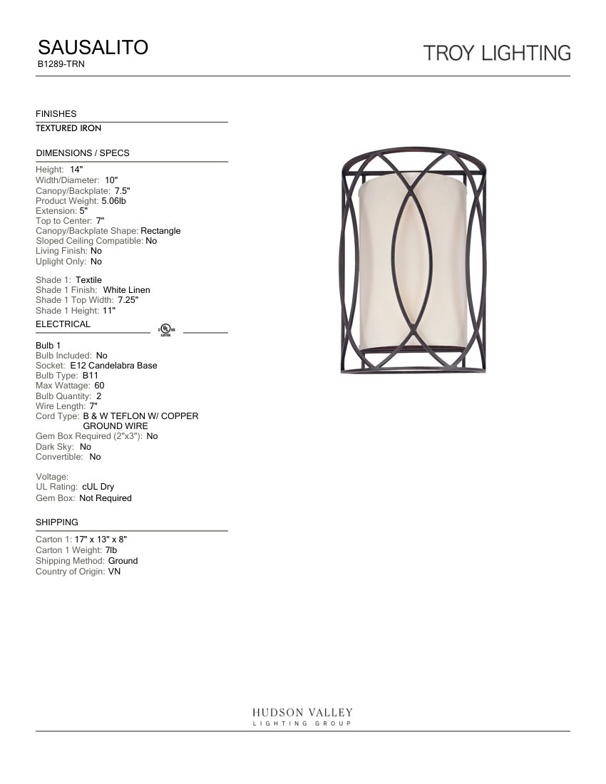 Troy Lighting B1289-TRN cut sheet — first page