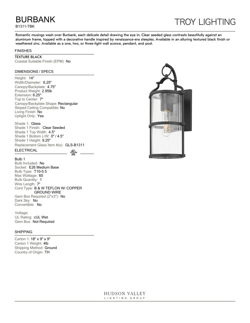 Troy Lighting B1311-TBK cut sheet — first page