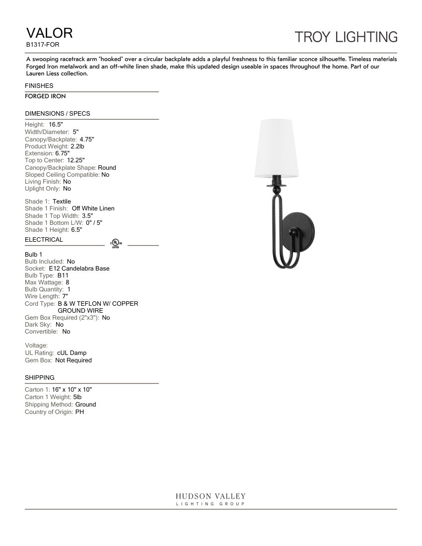 Troy Lighting B1317-FOR cut sheet — first page