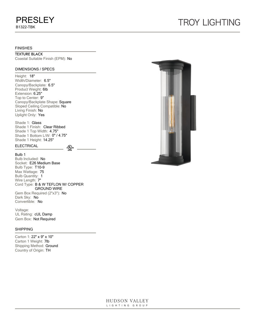 Troy Lighting B1322-TBK cut sheet — first page
