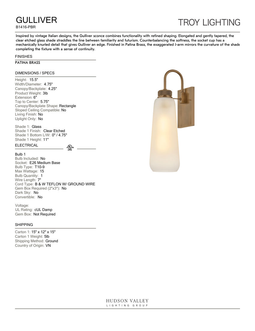 Troy Lighting B1416-PBR cut sheet — first page