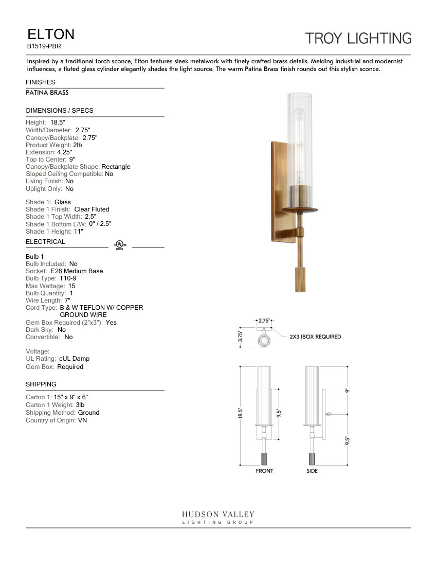 Troy Lighting B1519-PBR cut sheet — first page