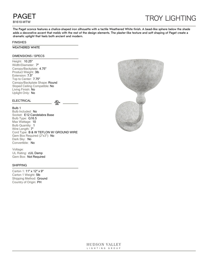 Troy Lighting B1610-WTW cut sheet — first page
