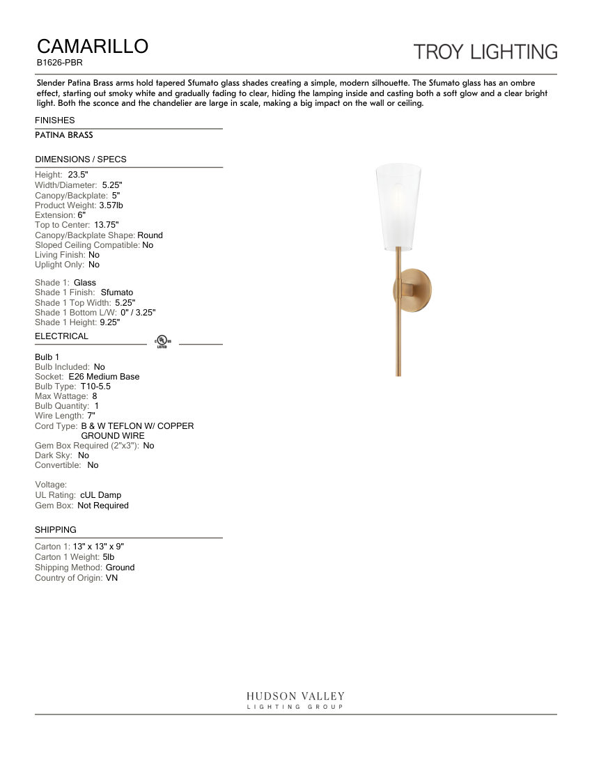 Troy Lighting B1626-PBR cut sheet — first page