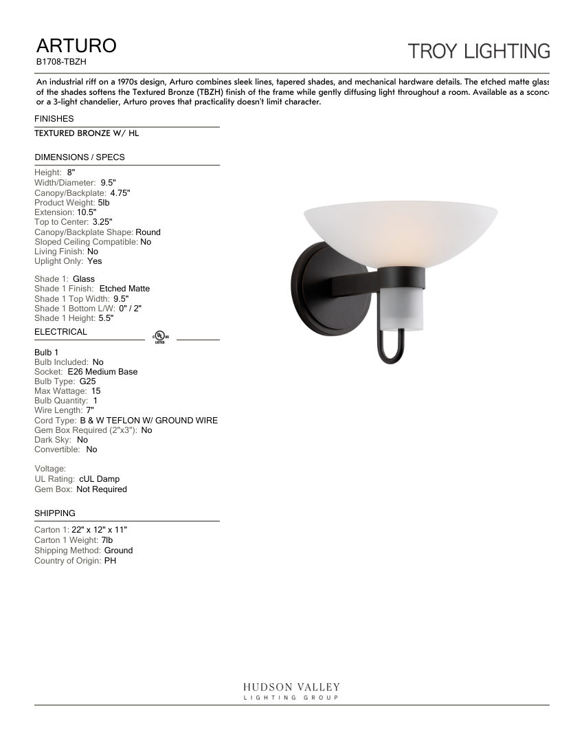 Troy Lighting B1708-TBZH cut sheet — first page