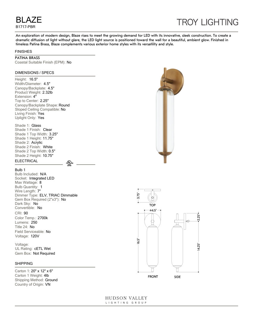 Troy Lighting B1717-PBR cut sheet — first page
