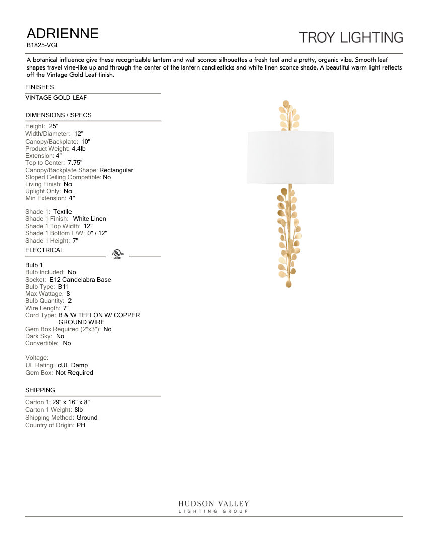 Troy Lighting B1825-VGL cut sheet — first page