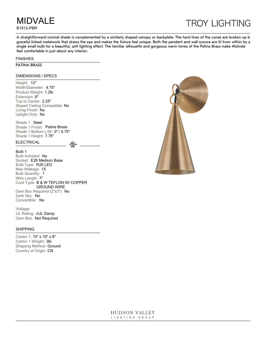 Troy Lighting B1912-PBR cut sheet — first page