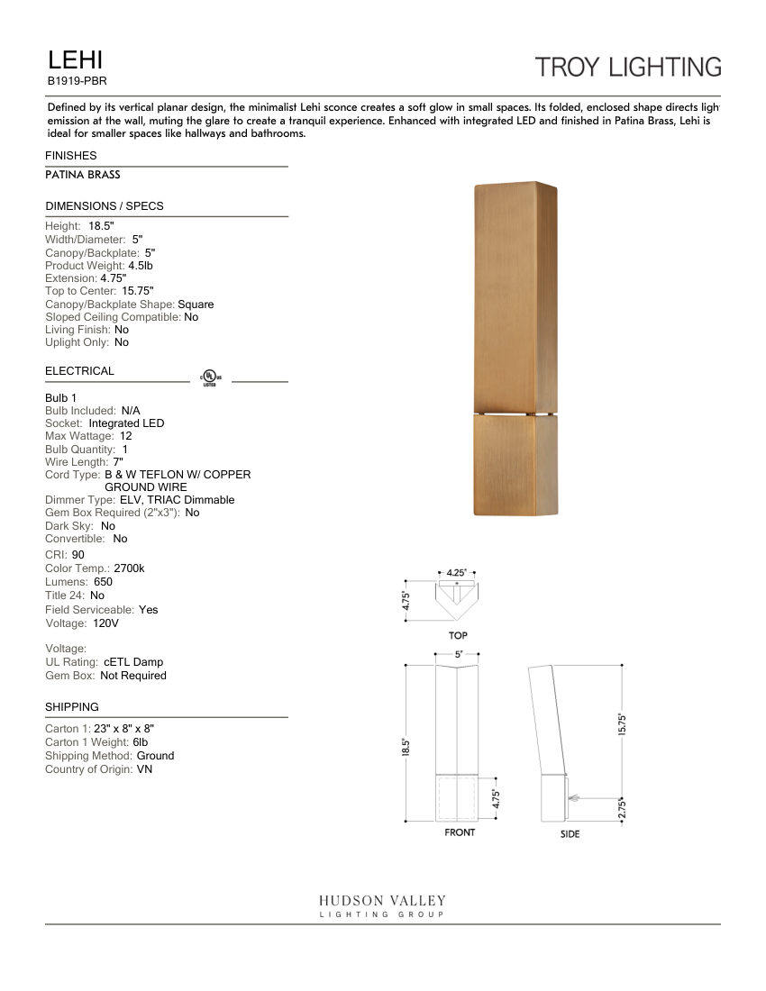 Troy Lighting B1919-PBR cut sheet — first page