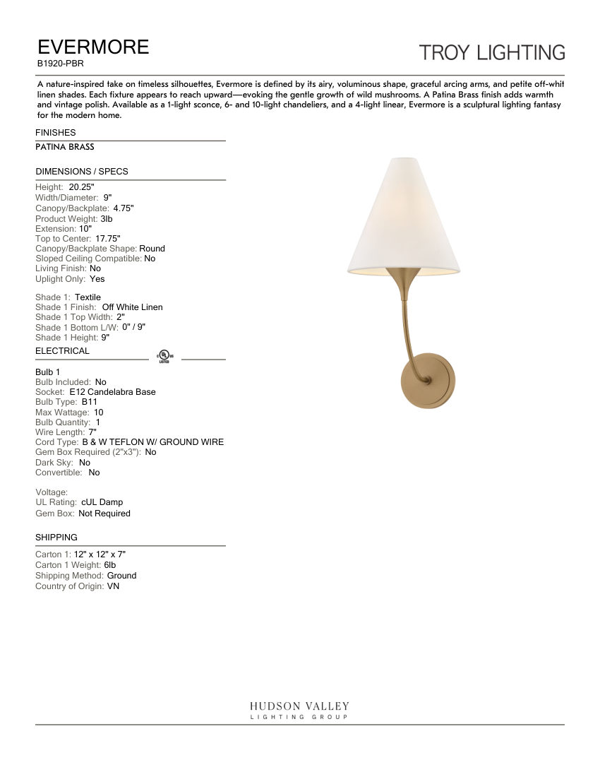 Troy Lighting B1920-PBR cut sheet — first page