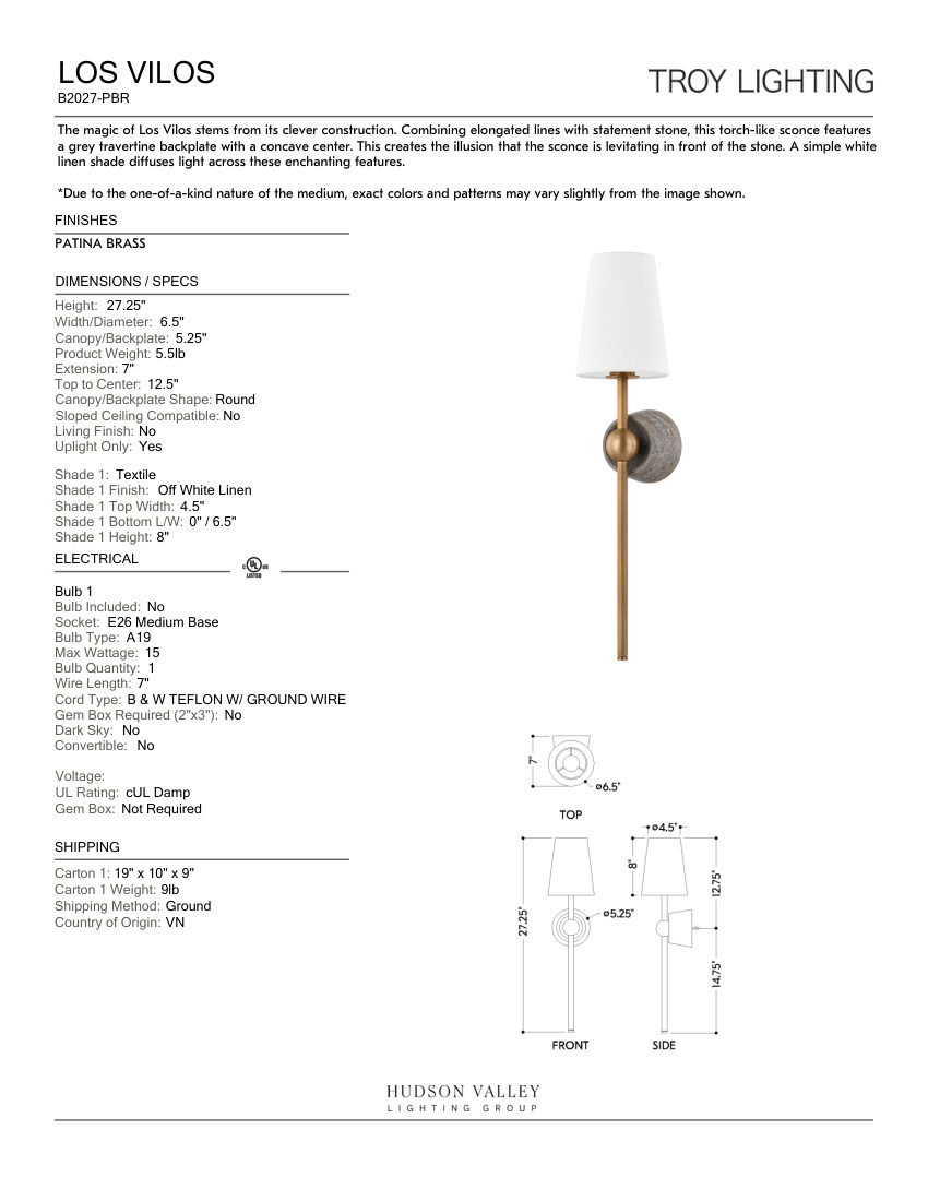 Troy Lighting B2027-PBR cut sheet — first page
