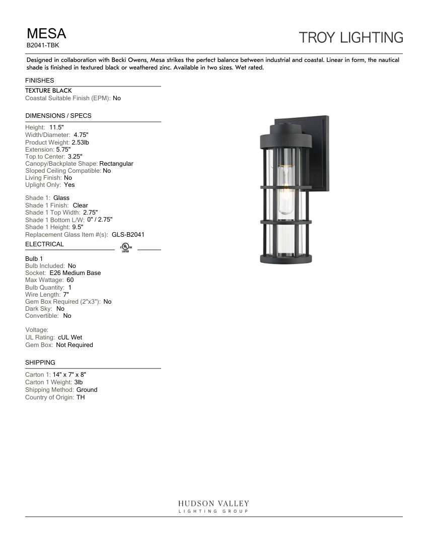 Troy Lighting B2041-TBK cut sheet — first page