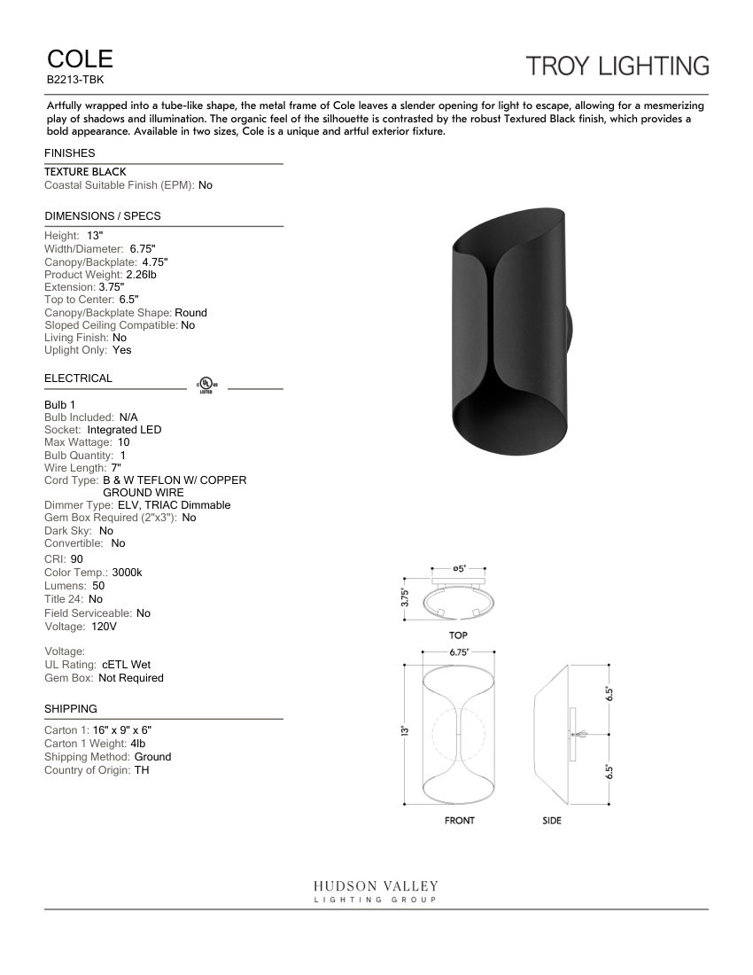 Troy Lighting B2213-TBK cut sheet — first page