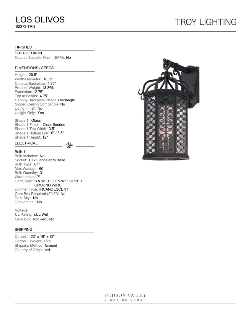 Troy Lighting B2373-TRN cut sheet — first page