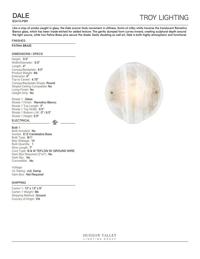 Troy Lighting B2410-PBR cut sheet — first page