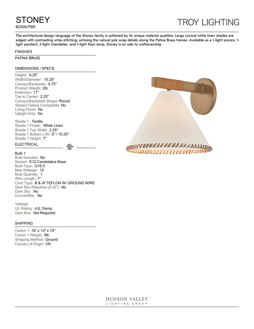 Troy Lighting B2509-PBR cut sheet — first page