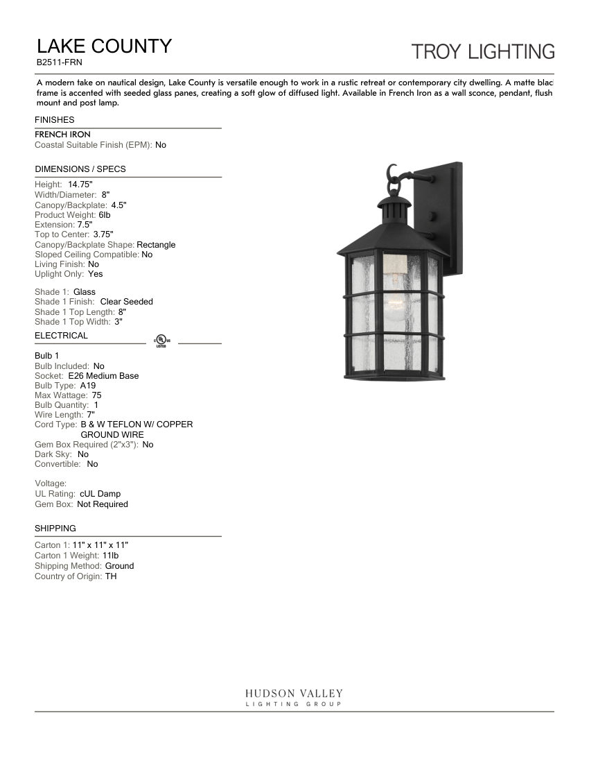 Troy Lighting B2511-FRN cut sheet — first page
