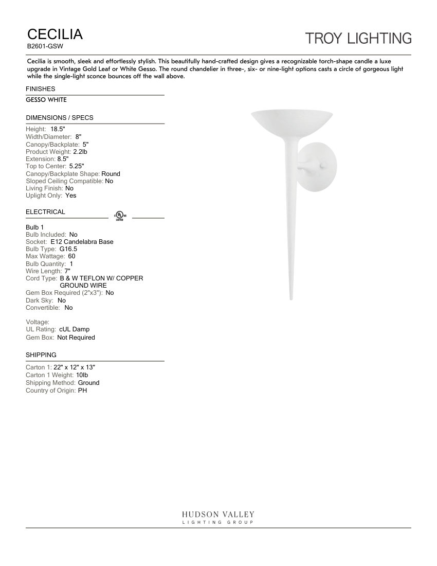 Troy Lighting B2601-GSW cut sheet — first page