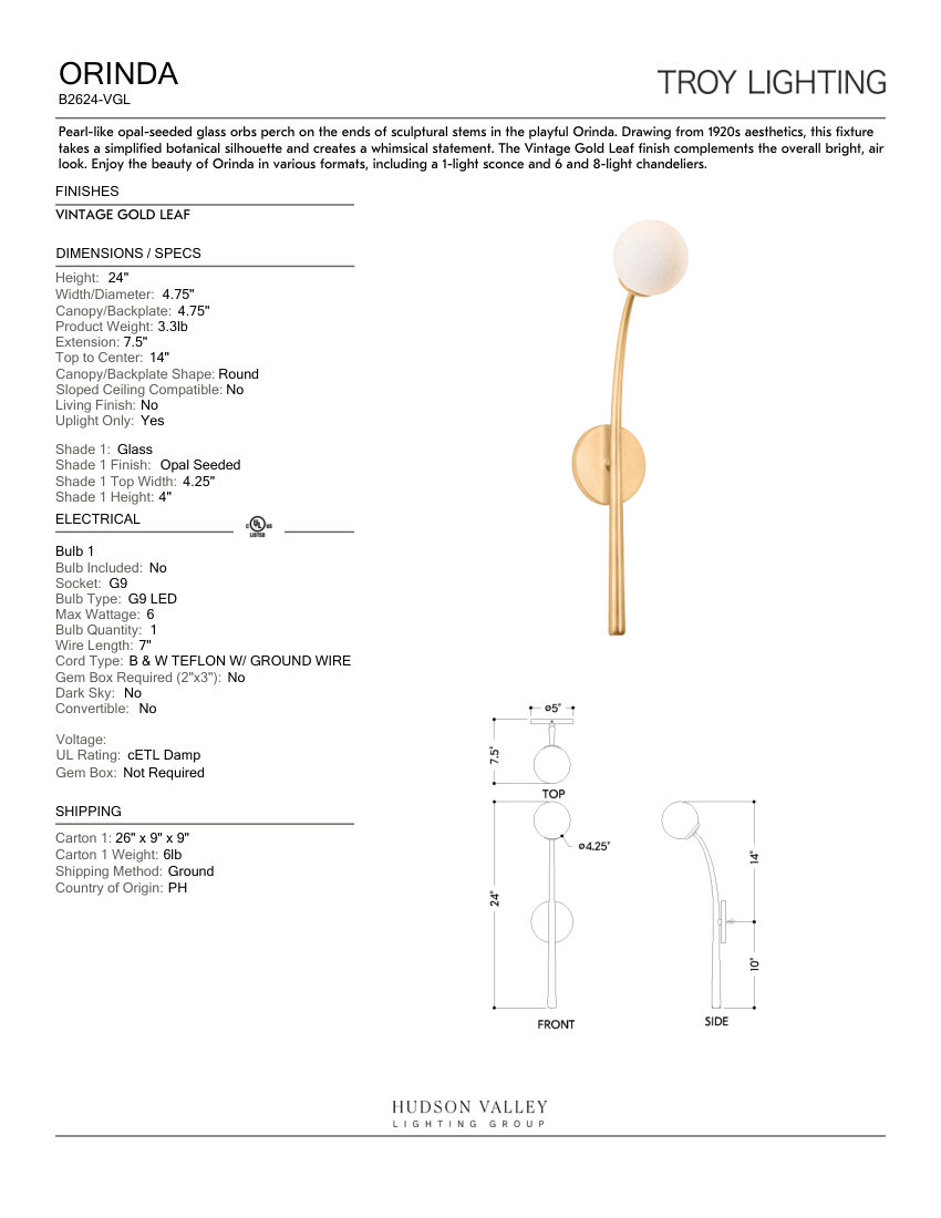 Troy Lighting B2624-VGL cut sheet — first page