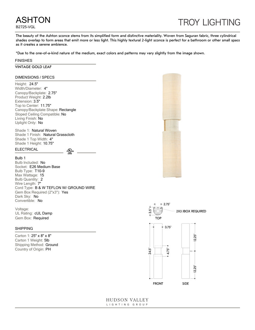 Troy Lighting B2725-VGL cut sheet — first page