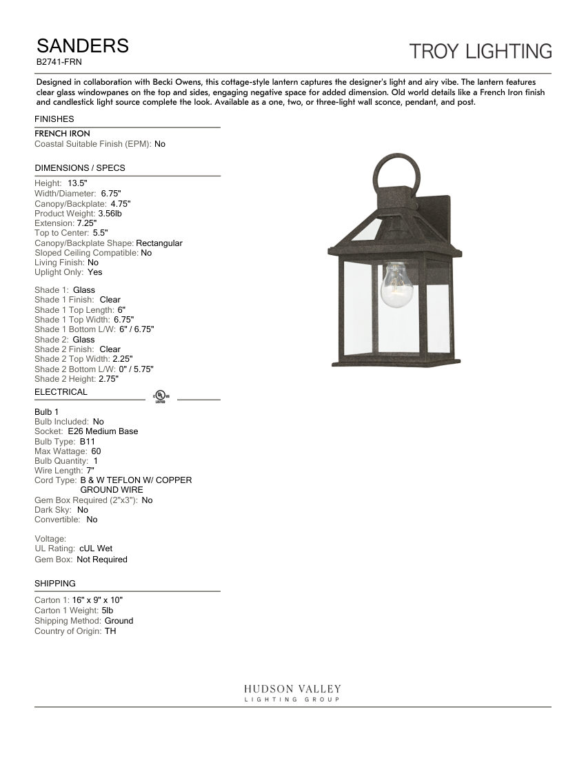 Troy Lighting B2741-FRN cut sheet — first page