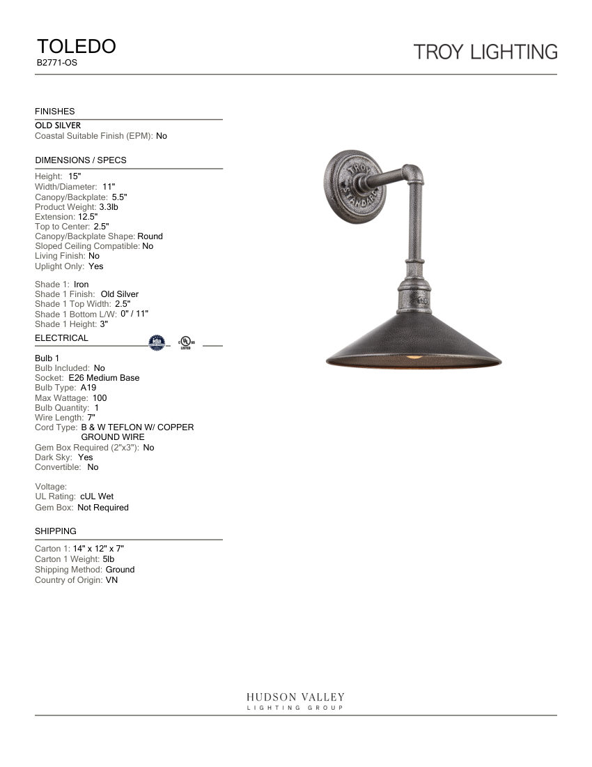 Troy Lighting B2771-OS cut sheet — first page