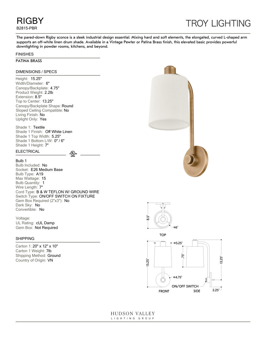 Troy Lighting B2815-PBR cut sheet — first page